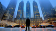A man stands in front of a tall building in a city. The sky is cloudy and the buildings are lit up at night