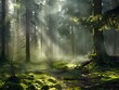 AI generated illustration of sunlight filtering through trees, illuminating the foliage