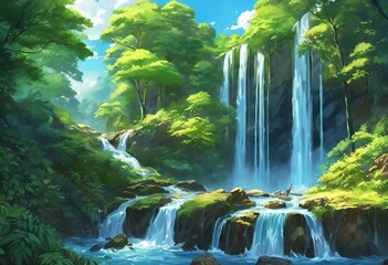 Wall Mural - AI generated illustration of A stunning forest waterfall