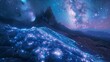AI generated illustration of a frozen stream surrounded by snow under a starry night sky