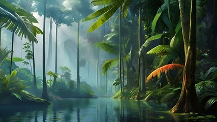 Poster - AI generated illustration of a whimsical tropical river