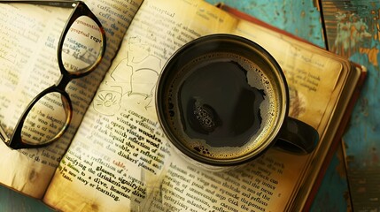 Wall Mural - Open book with spectacles and a cup of coffee resting on its pages, AI-generated.