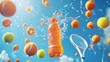 An orange gradient bottle, tennis balls, and racket float in the sky with splashing water effects.