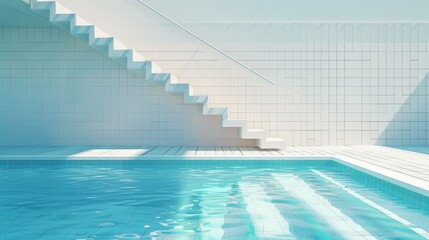 Wall Mural - Three-dimensional rendering of a summer pool scene with white tiles stairs.