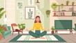 Home interior, young woman meditating, illustration cartoon design