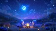 Poster with cute characters toasting marshmallows next to a campfire while enjoying beautiful night skies filled with moons and stars.