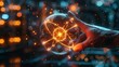 Hand showing symbol of an atom nucleus with electrons - 3D illustrationt. atom icon, neon chemistry, digital learning era background