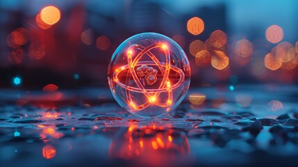 Poster - Atom, the smallest constituent unit of ordinary matter that has the properties of a chemical element. atom icon, neon chemistry, digital learning era background