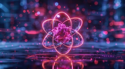 Poster - Atom, the smallest constituent unit of ordinary matter that has the properties of a chemical element. atom icon, neon chemistry, digital learning era background