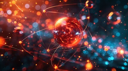 Poster - Atom, the smallest constituent unit of ordinary matter that has the properties of a chemical element. atom icon, neon chemistry, digital learning era background