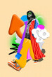 © master1305 - Stylish young woman in casual modern clothes confidently walking, Contemporary art collage. Colorful streetwear expressing individuality. Modern fashion, creative, youth, style concept. Vibrant design