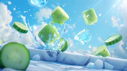 This 3D summer background template features flying cucumber slices and splashing ice cubes on a marble wall with a blue sky backdrop.