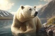 Polar bear on an ice floe in the Arctic Sea against the background of the morning sun. AI generated.
