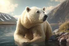 Polar Bear On An Ice Floe In The Arctic Sea Against The Background Of The Morning Sun. AI Generated.