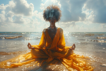 Wall Mural - young athletic black woman meditates on sea shore, with aura of energy around, natural sea background.