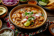 A cozy, homely setting featuring a large, steaming bowl of traditional Mexican pozole