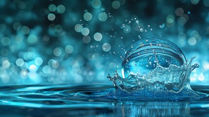 Poster - An illustration of a water splashing sphere combined with a blue defocused background with bokeh. The idea of saving the planet's water resources is to protect the environment and save the planet's