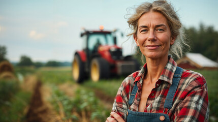 A smiling woman farmer stands confidently in front of a tractor on her farm.