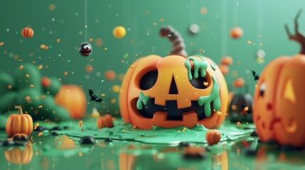 Wall Mural - 3D Halloween pumpkin with spooky decorations on green background.