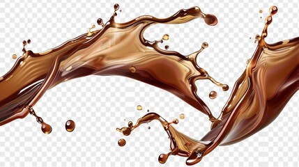 Poster - The splash of coffee, cola or tea isolated on transparent background is a modern realistic set of liquid waves of falling and flowing brown beverages with bubbles and drops.