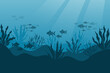 Underwater ocean landscape, algae and reefs, silhouette of a school of fish. Seabed background with ocean flora and fauna, corals, silhouettes of sea animals. Vector