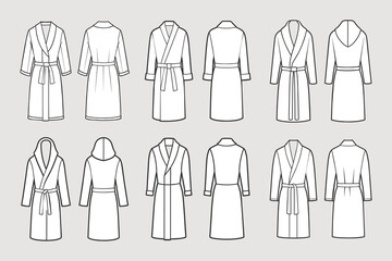 Set of bathrobes for men. Front and back views. Hand drawn illustration, sketch. Vector