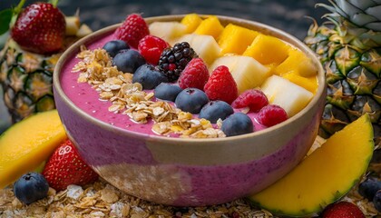 Wall Mural - Bowl filled with assorted fruits and oats, AI-generated.