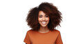 Beautiful african american girl with an afro hairstyle smiling isolated on transparent and white background.PNG image.