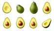 Avocado set isolated on transparent and white background.PNG image.