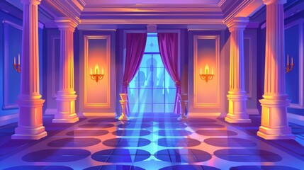 Wall Mural - This is an illustration of a castle ballroom, an old palace hall, with glowing lamps, floor-to-ceiling windows and curtains. The room has marble pillars and tiled floors. It has antique architecture,