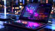 An ultramodern laptop showcasing vibrant, holographic programming interfaces with dynamic code and settings, representing cutting-edge software development.