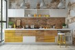 amazing architecture of white and yellow wooden kitchen set isolated on elegant brick wall