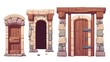 Isolated on white background, a wooden front door with stone frame is opening. Modern illustration of house entrance with closed, ajar, and open doors. Illustration for sprite animations or games in