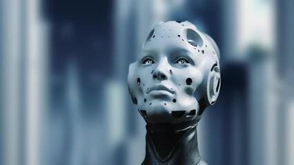 Wall Mural - the robot woman looks up at the sky. the concept of artificial intelligence and the future