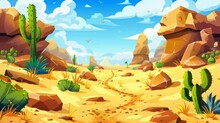 Natural Background With Tumbleweed Rolling Along Hot, Dry African Desert Landscapes With Yellow Sand, Green Cacti, Rocks And Blue Skies With Clouds Of Light.