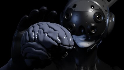 Wall Mural - robot close-up, the robot examines the human brain levitating in space