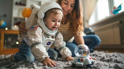 Wall Mural - A mother and child playing with a toy astronaut's kit. 