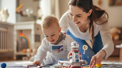 A mother and child playing with a toy astronaut's kit. 