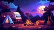Cartoon modern illustration of a summer camp at night with RV caravan motorhome car at campfire with tent, log, cauldron, and guitar Summertime vacation, camping, traveling, trip, hiking activities.