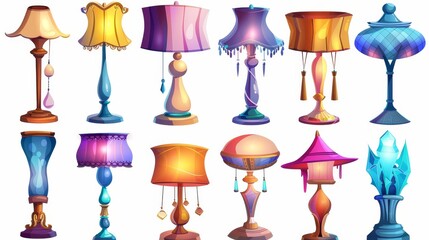 Wall Mural - The set consists of cartoon lamps with a variety of lampshades on long and short stands for home illumination and decor, isolated on a white background.