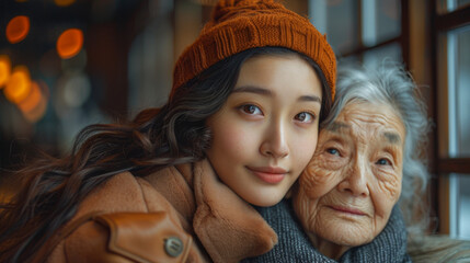 Wall Mural - loving asian adult daughter sitting on couch at home hugging senior mother happy and smiling.