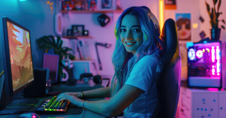 Canvas Print - A young woman with blue hair and white highlights sits at her gaming setup in front of the monitor playing video games. She is smiling as she plays on her keyboard