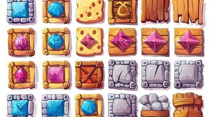 Poster - ui buttons for apps, cartoon menus, and banners. ice, wood, stone, metal and cheese textures with pi