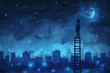 © standret - A kid standing high on a ladder watching the night landscape of the city, illustration concept