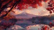 Serene View Of Mount Fuji Framed By Fiery Red Autumn Leaves, With A Tranquil Lake Reflecting The Iconic Peak.