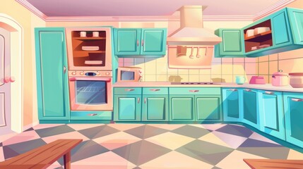 Wall Mural - The retro kitchen is lit with natural sunlight and includes wooden furniture, appliances and a wooden table. There is an oven, range hood, refrigerator and a vintage cooking room with a window.