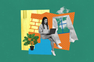 Poster - Composite collage picture image of remote working from home female comfort house concept fantasy billboard comics zine minimal