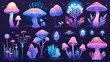 Unusual nature elements, fairy tale or extraterrestrial bizarre flora and fauna assets. Cartoon modern illustration with mushrooms, trees, and flowers.