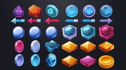 Poster - design game interface with glossy buttons and panels. set of modern cartoon elements in different co