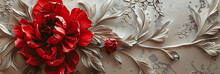 Red Decorative Volumetric Peony Flower On The Background Of A Decorative Wall.